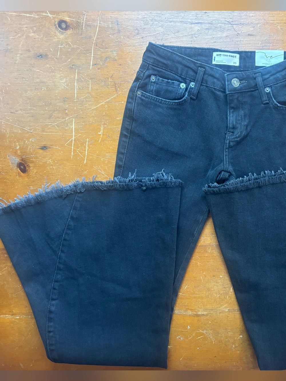 We The Free Emrie Flare Jeans Black High Rise Raw Hem Stretch Boho Festival 28 - Picture 14 of 16